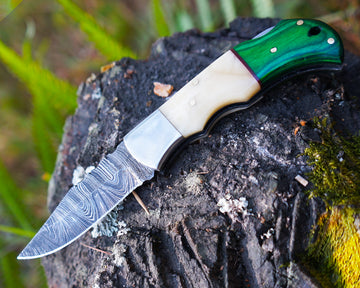 Handmade Damascus Folding Knife – Bone and Green Wood HandleSharp EDC Pocket Knife, Premium Hunting & Survival Blade
